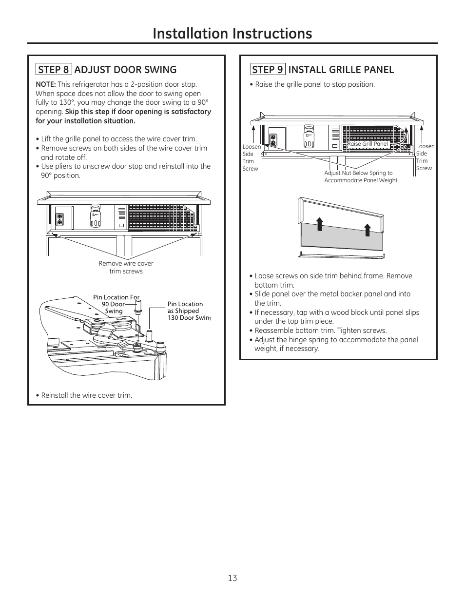 Installation instructions, Step 8 adjust door swing, Step 9 install grille panel | GE ZIP360NZ User Manual | Page 13 / 20