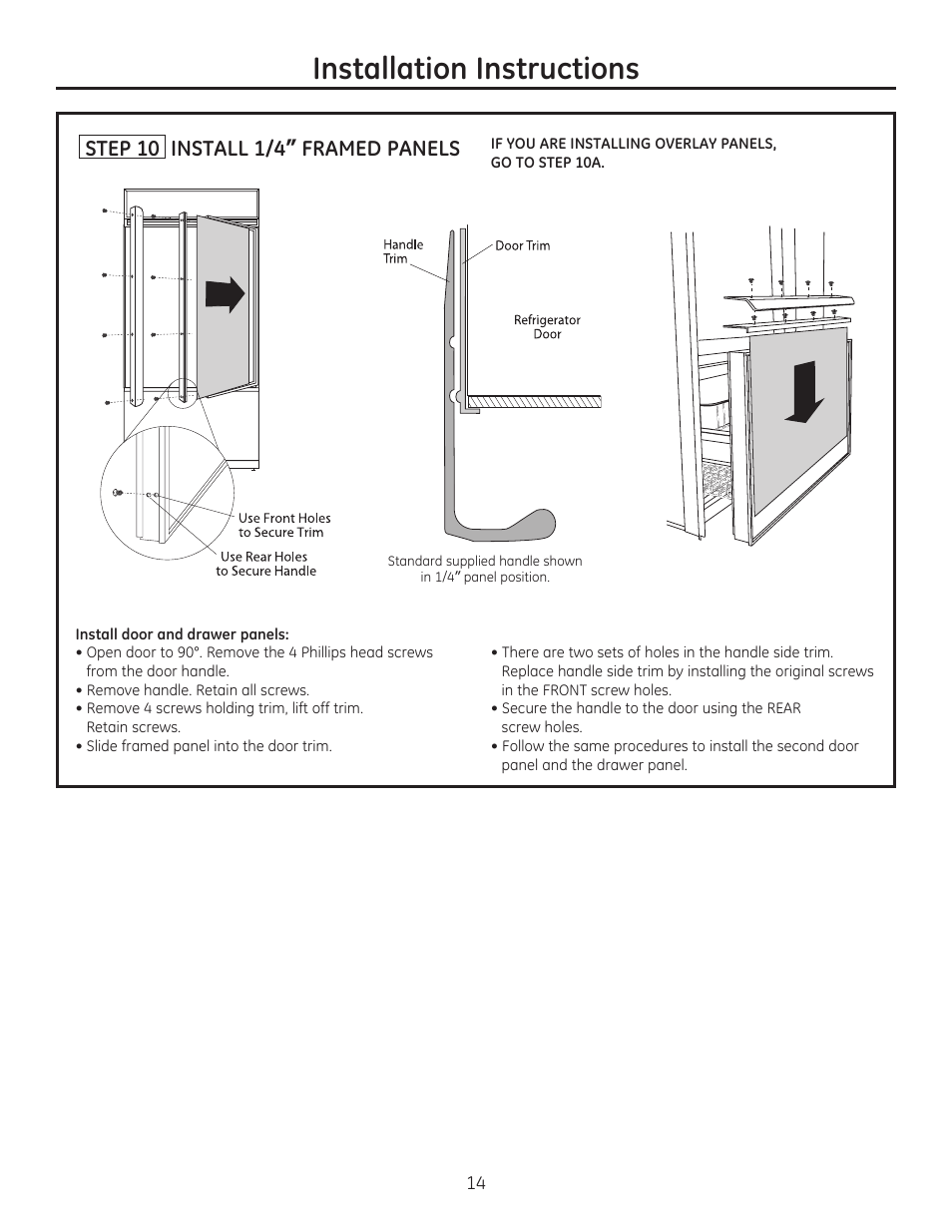 Installation instructions, Step 10 install 1/4” framed panels | GE ZIP360NZ User Manual | Page 14 / 20