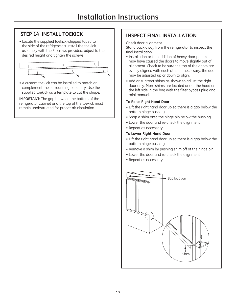 Installation instructions, Step 14 install toekick, Inspect final installation | GE ZIP360NZ User Manual | Page 17 / 20