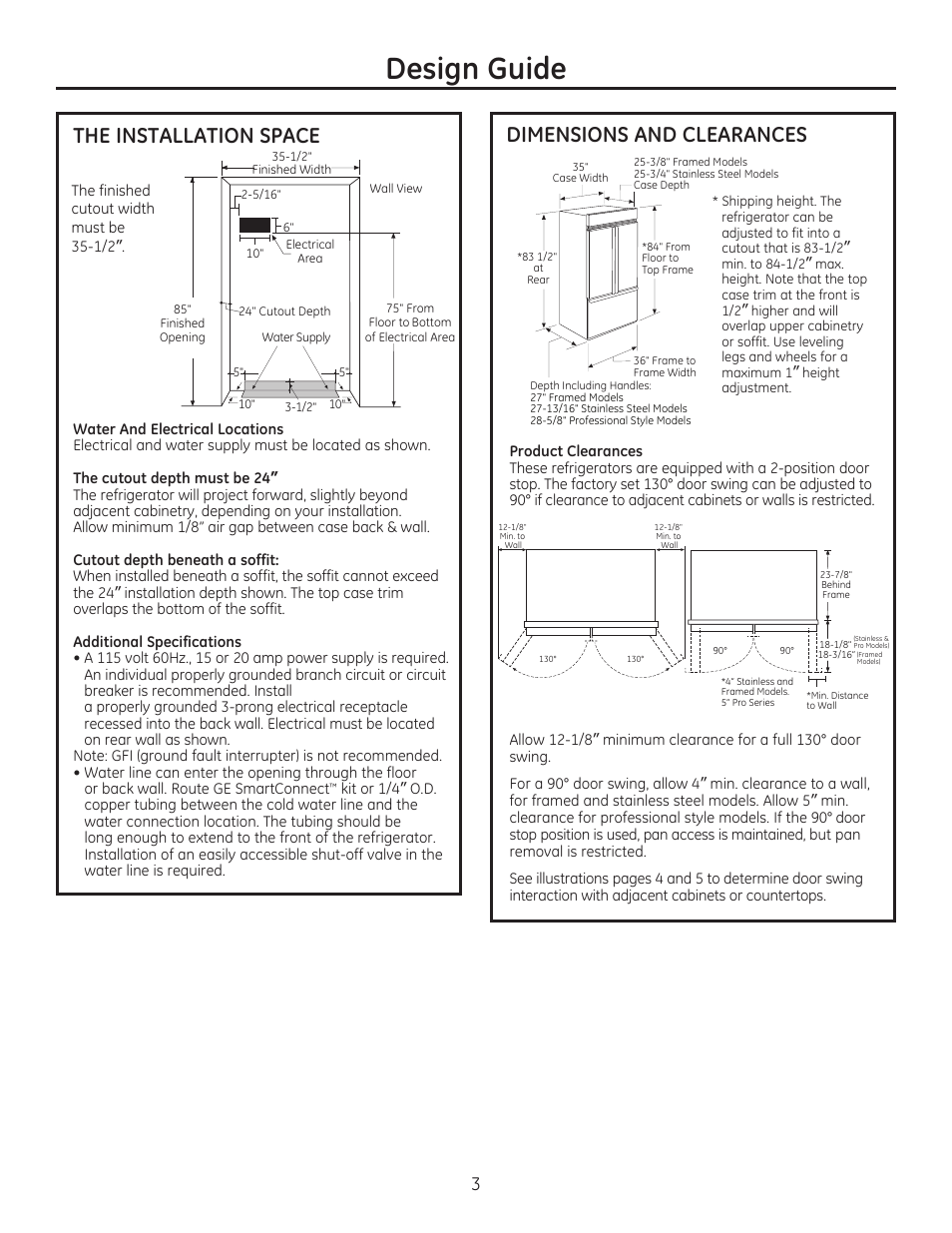 Design guide, The installation space, Dimensions and clearances | GE ZIP360NZ User Manual | Page 3 / 20