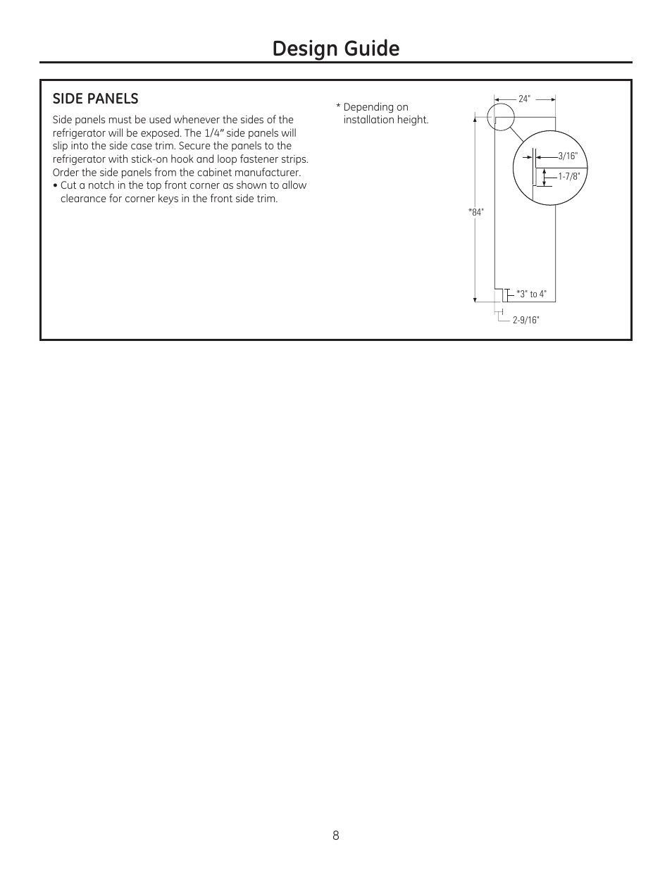 Design guide, Side panels | GE ZIP360NZ User Manual | Page 8 / 20