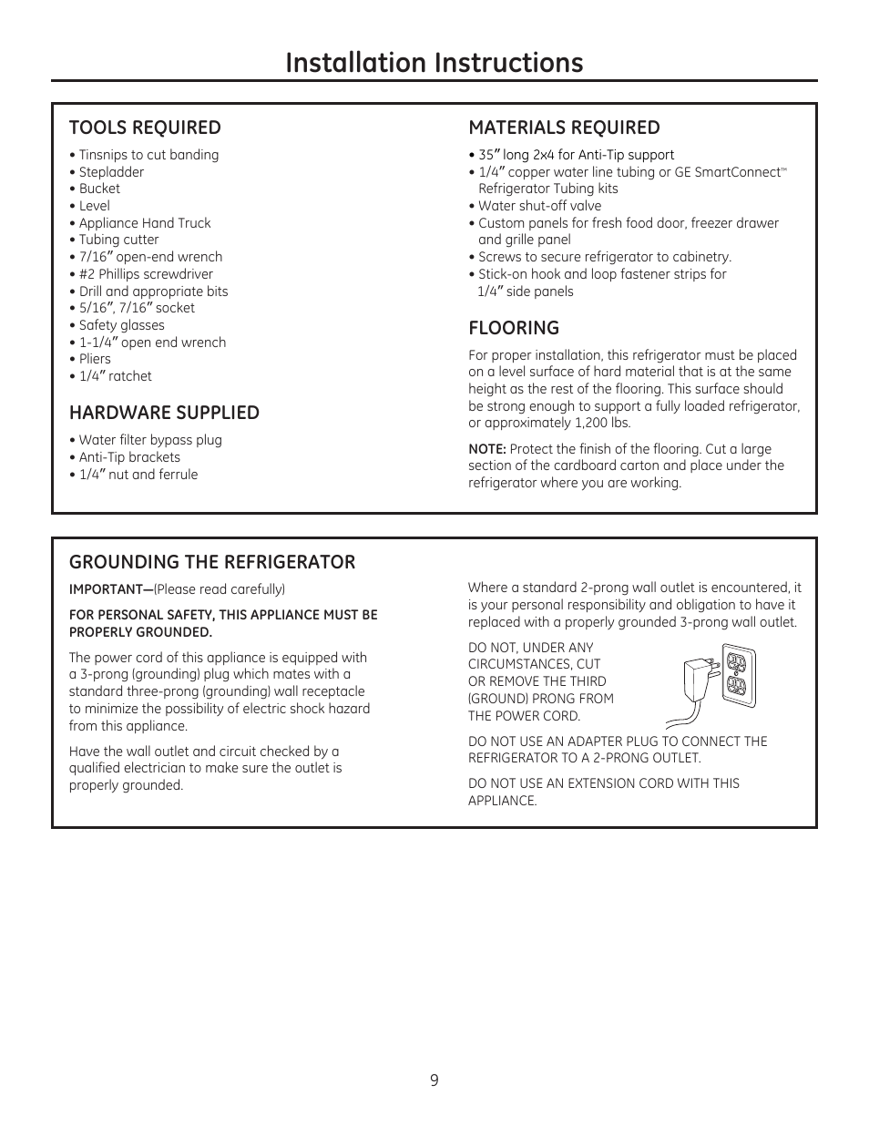 Installation instructions, Materials required, Flooring | Tools required, Hardware supplied, Grounding the refrigerator | GE ZIP360NZ User Manual | Page 9 / 20
