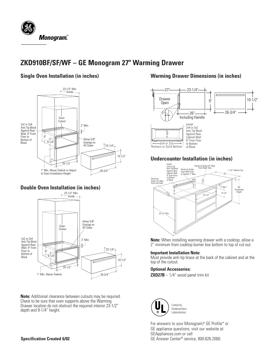 GE ZKD910SFSS User Manual | 2 pages