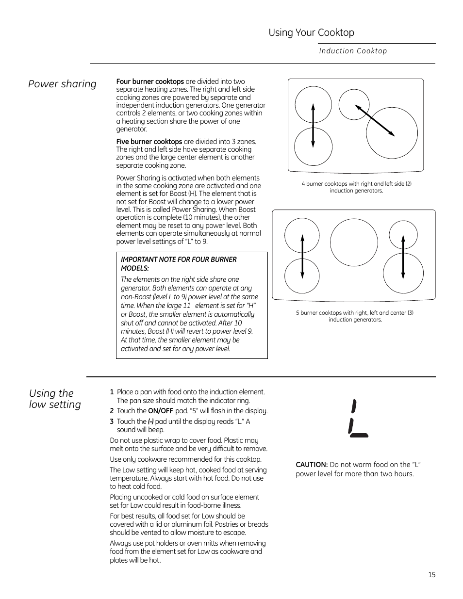 Using your cooktop, Power sharing, Using the low setting | GE ZHU30RSRSS User Manual | Page 15 / 80