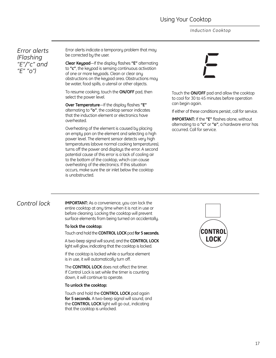 Error alerts (flashing “e”/”c” and “e” “o”), Using your cooktop, Control lock | GE ZHU30RSRSS User Manual | Page 17 / 80