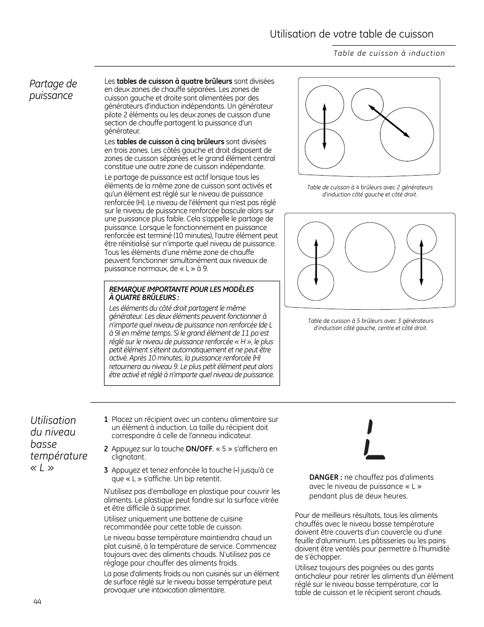 Utilisation de votre table de cuisson, Partage de puissance, Utilisation du niveau basse température « l | GE ZHU30RSRSS User Manual | Page 44 / 80