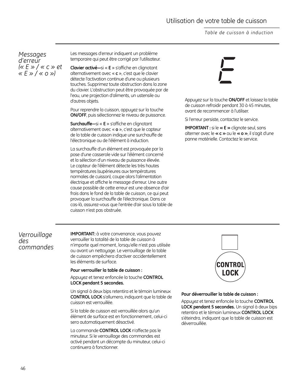 Messages d’erreur (« e » / « c » et « e » / « o »), Utilisation de votre table de cuisson, Verrouillage des commandes | GE ZHU30RSRSS User Manual | Page 46 / 80