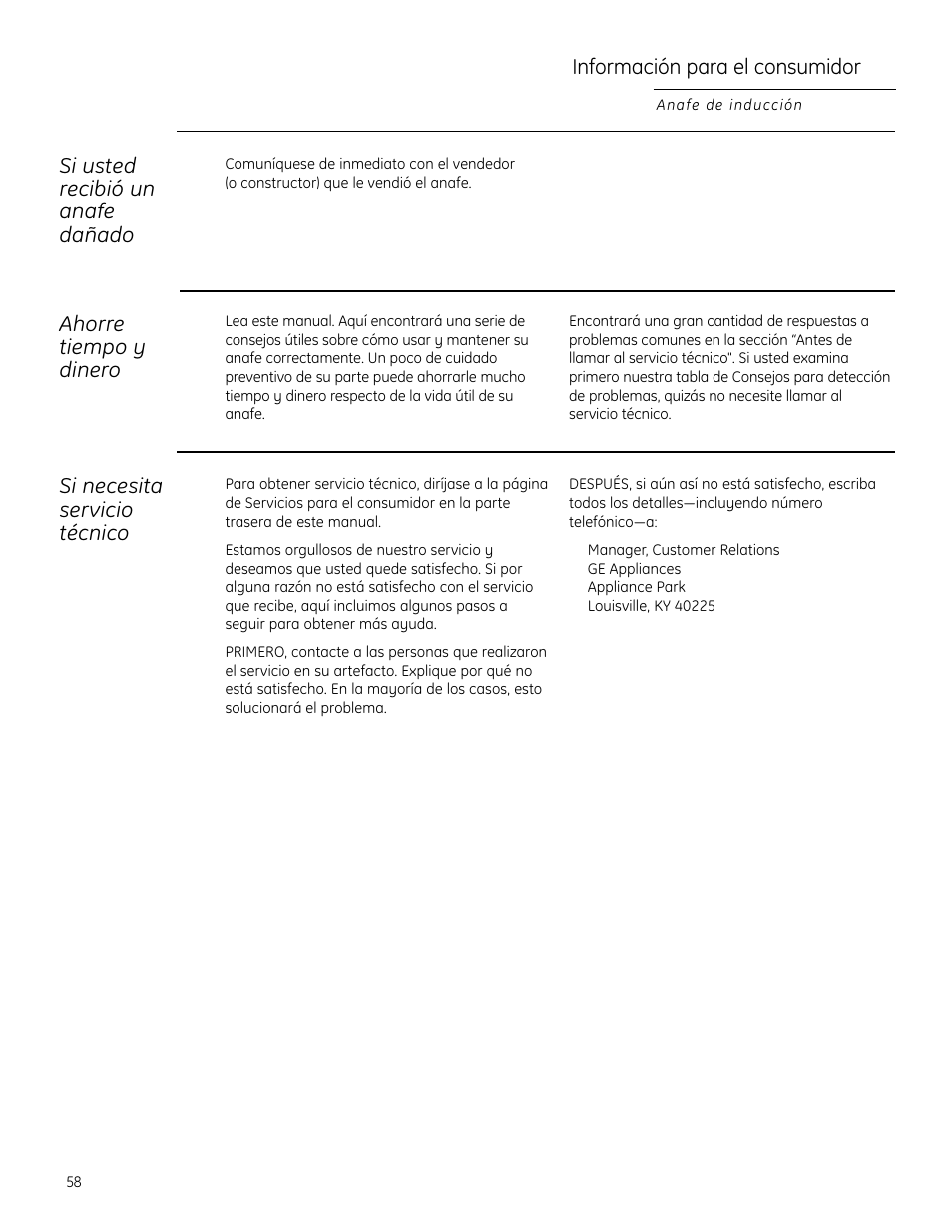 Si usted recibió un anafe dañado, Ahorre tiempo y dinero, Si necesita servicio técnico | Información para el consumidor | GE ZHU30RSRSS User Manual | Page 58 / 80