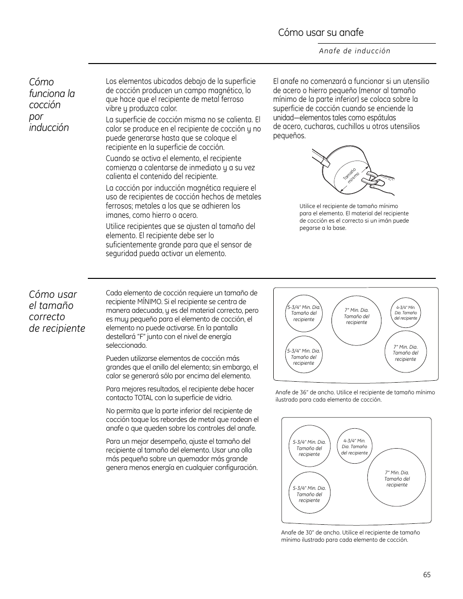 Cómo usar su anafe, Cómo funciona la cocción por inducción, Cómo usar el tamaño correcto de recipiente | GE ZHU30RSRSS User Manual | Page 65 / 80