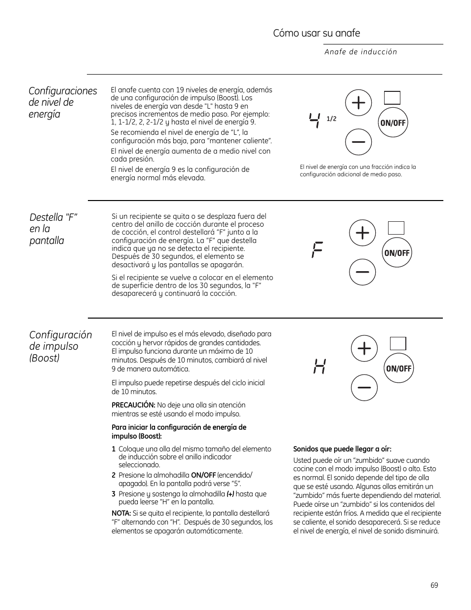 Cómo usar su anafe, Configuraciones de nivel de energía, Destella "f” en la pantalla | Configuración de impulso (boost) | GE ZHU30RSRSS User Manual | Page 69 / 80