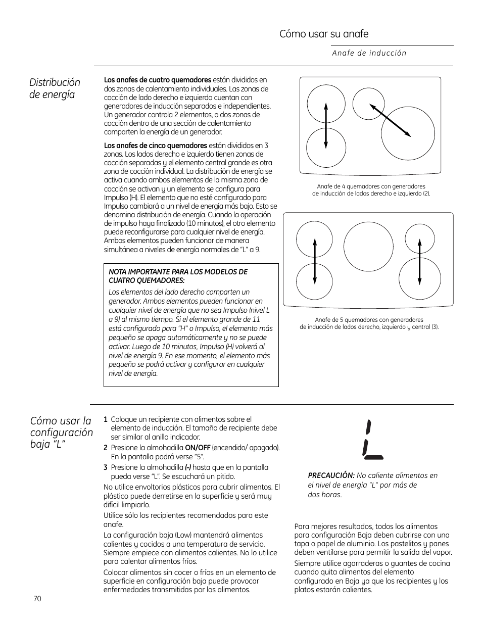 Cómo usar su anafe, Distribución de energía, Cómo usar la configuración baja “l | GE ZHU30RSRSS User Manual | Page 70 / 80