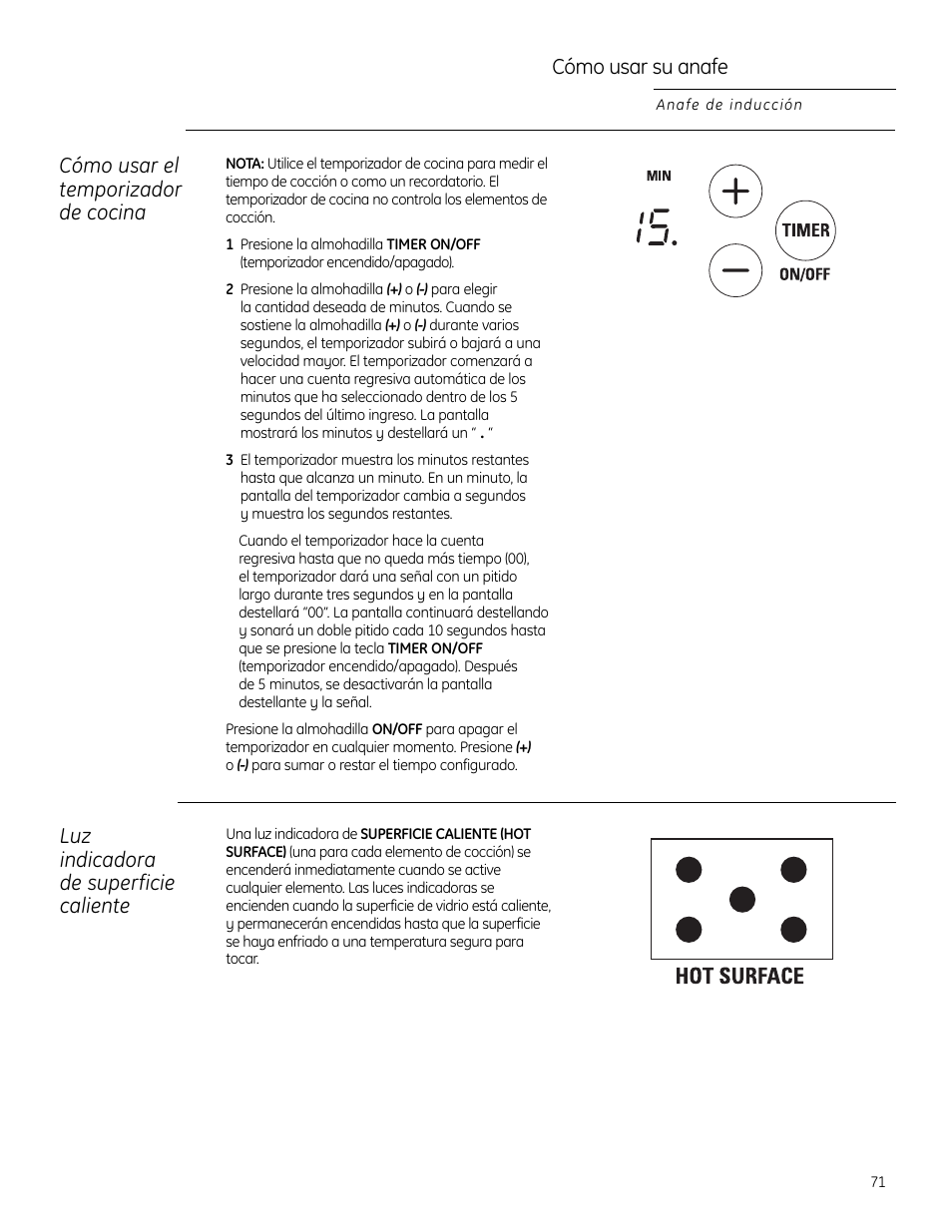 Cómo usar su anafe, Cómo usar el temporizador de cocina, Luz indicadora de superficie caliente | GE ZHU30RSRSS User Manual | Page 71 / 80