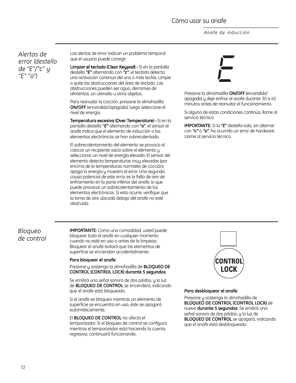 Alertas de error (destello de “e”/”c” y “e” “o”), Cómo usar su anafe, Bloqueo de control | GE ZHU30RSRSS User Manual | Page 72 / 80