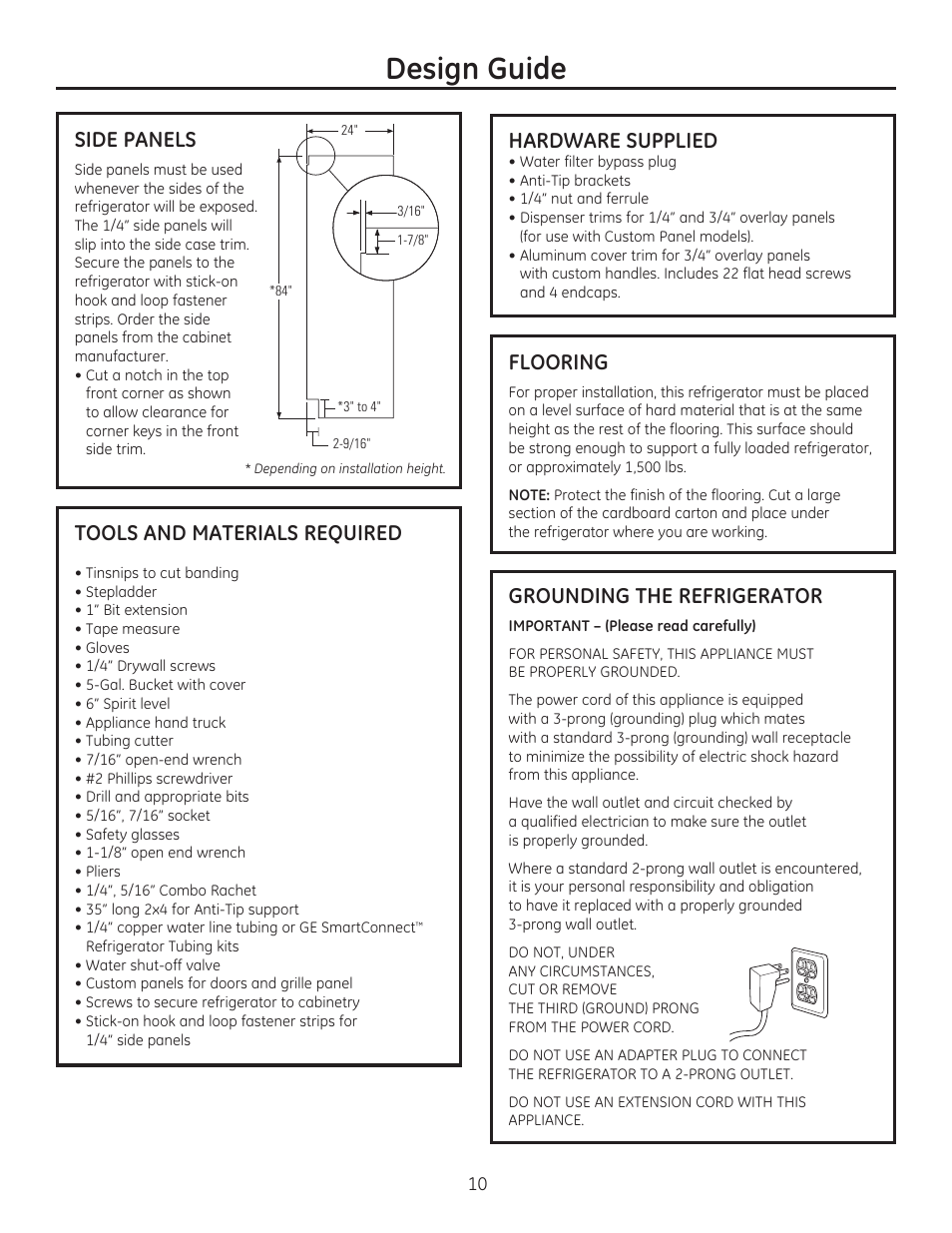 Design guide, Grounding the refrigerator, Side panels | Tools and materials required, Flooring, Hardware supplied | GE ZIS420NX User Manual | Page 10 / 24