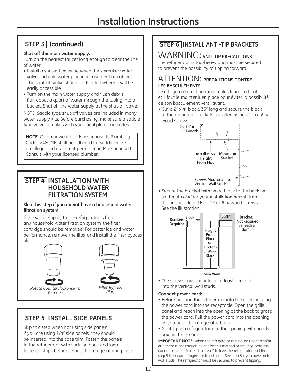 Installation instructions, Step 5 install side panels, Step 6 install anti-tip brackets | Step 3 (continued) | GE ZIS420NX User Manual | Page 12 / 24