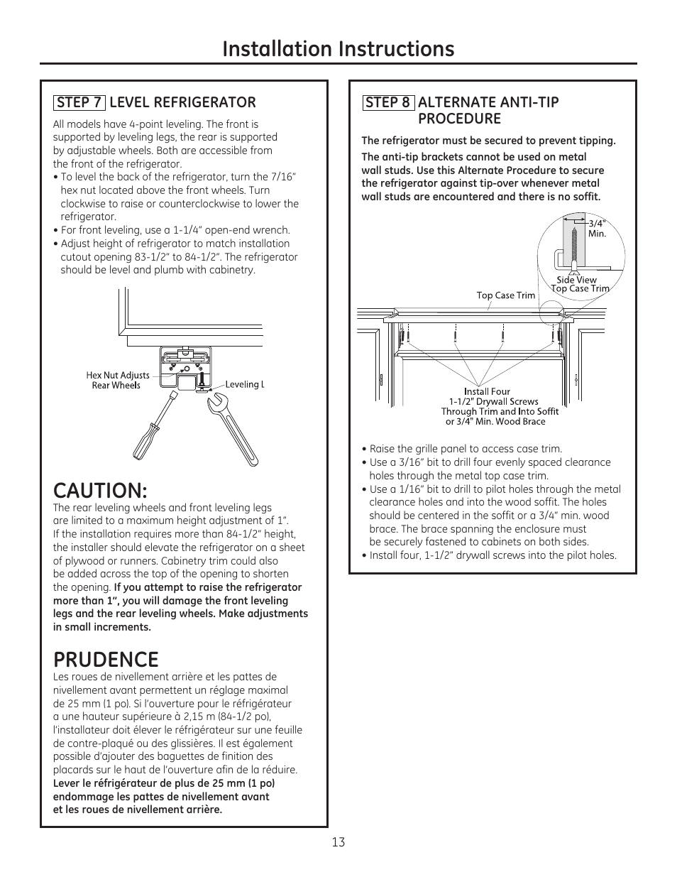 Caution, Prudence, Installation instructions | GE ZIS420NX User Manual | Page 13 / 24