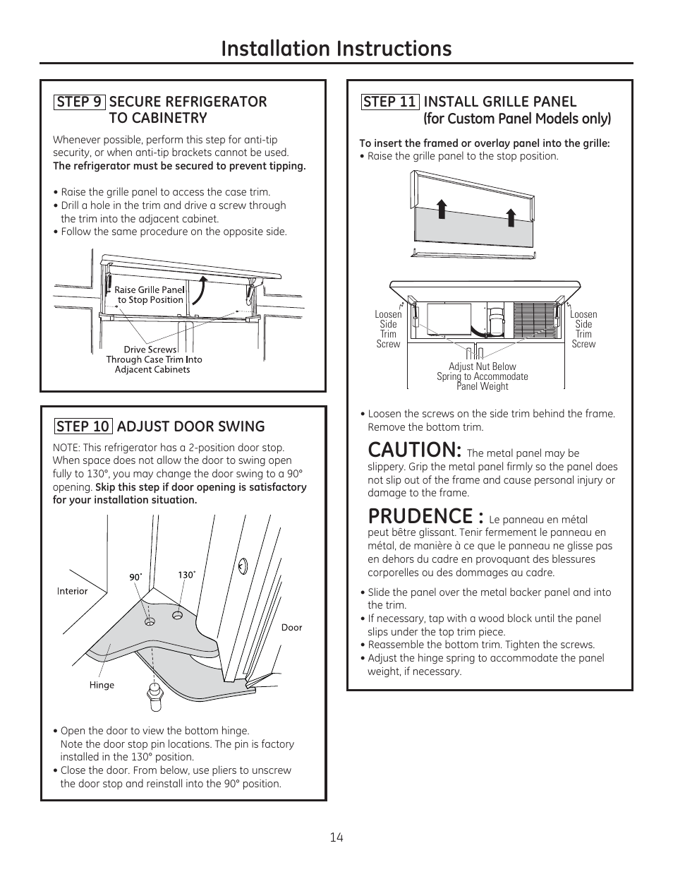 Caution, Prudence, Installation instructions | Step 10 adjust door swing, Step 9 secure refrigerator to cabinetry | GE ZIS420NX User Manual | Page 14 / 24