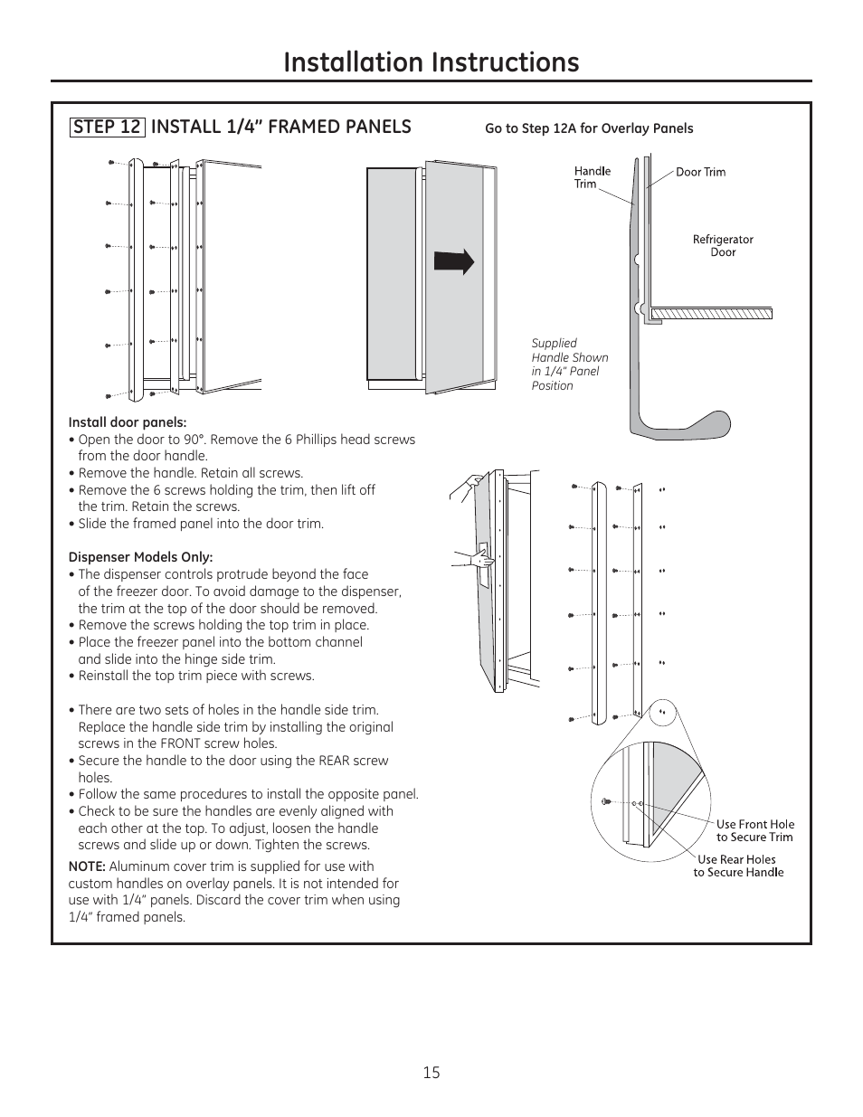 Installation instructions, Step 12 install 1/4” framed panels | GE ZIS420NX User Manual | Page 15 / 24