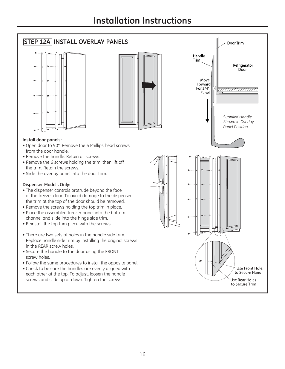 Installation instructions, Step 12a install overlay panels | GE ZIS420NX User Manual | Page 16 / 24