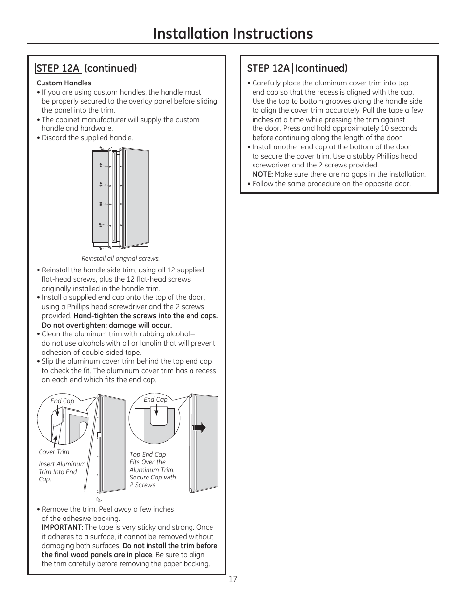 Installation instructions, Step 12a (continued) | GE ZIS420NX User Manual | Page 17 / 24