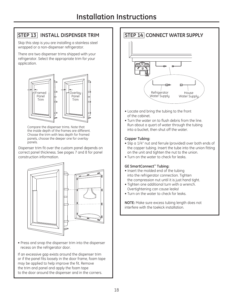 Installation instructions, Step 14 connect water supply, Step 13 install dispenser trim | GE ZIS420NX User Manual | Page 18 / 24