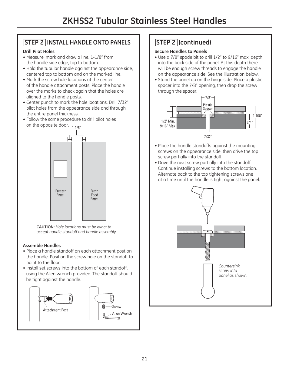 Zkhss2 tubular stainless steel handles, Step 2 install handle onto panels, Step 2 (continued) | GE ZIS420NX User Manual | Page 21 / 24