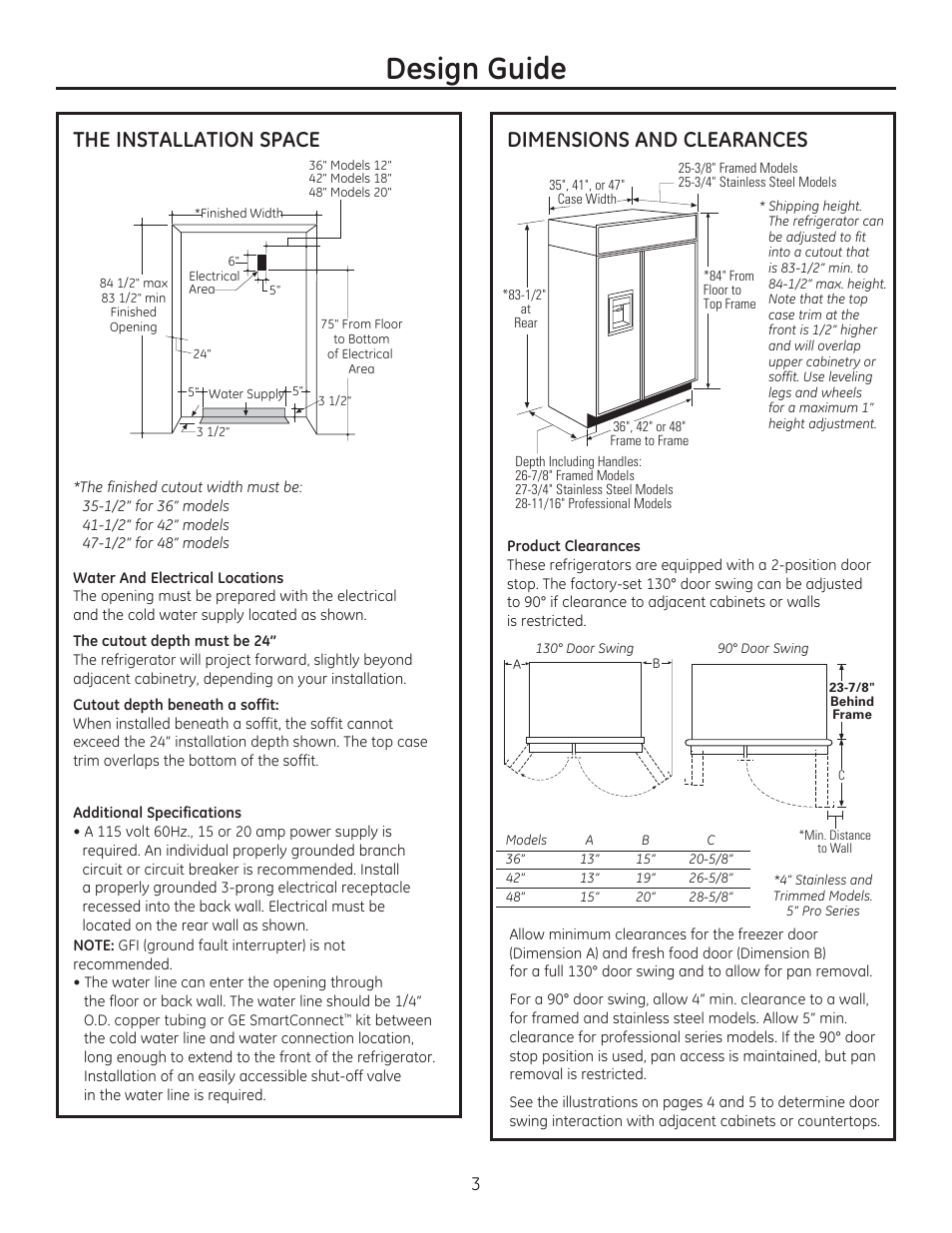 Design guide, The installation space, Dimensions and clearances | GE ZIS420NX User Manual | Page 3 / 24
