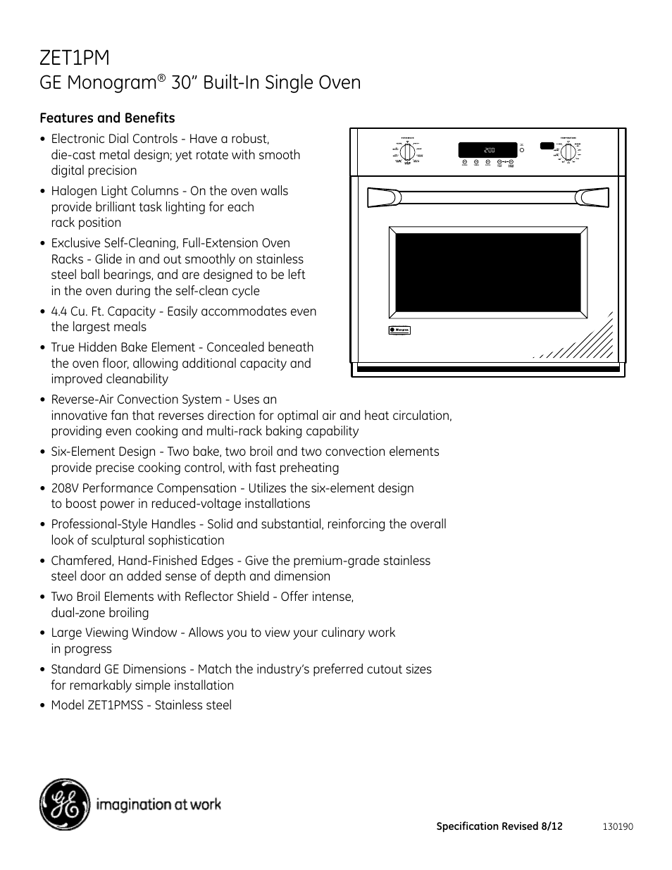 Zet1pm, Ge monogram, 30” built-in single oven | Features and benefits | GE ZET1PMSS User Manual | Page 2 / 2