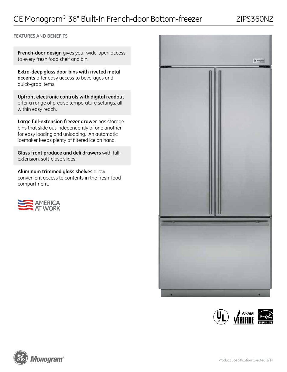 Zips360nz ge monogram, 36" built-in french-door bottom-freezer | GE ZIPS360NZ User Manual | Page 3 / 3