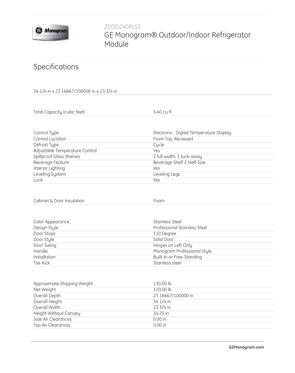 Ge monogram® outdoor/indoor refrigerator module, Specifications | GE ZDOD240PLSS User Manual | Page 2 / 3