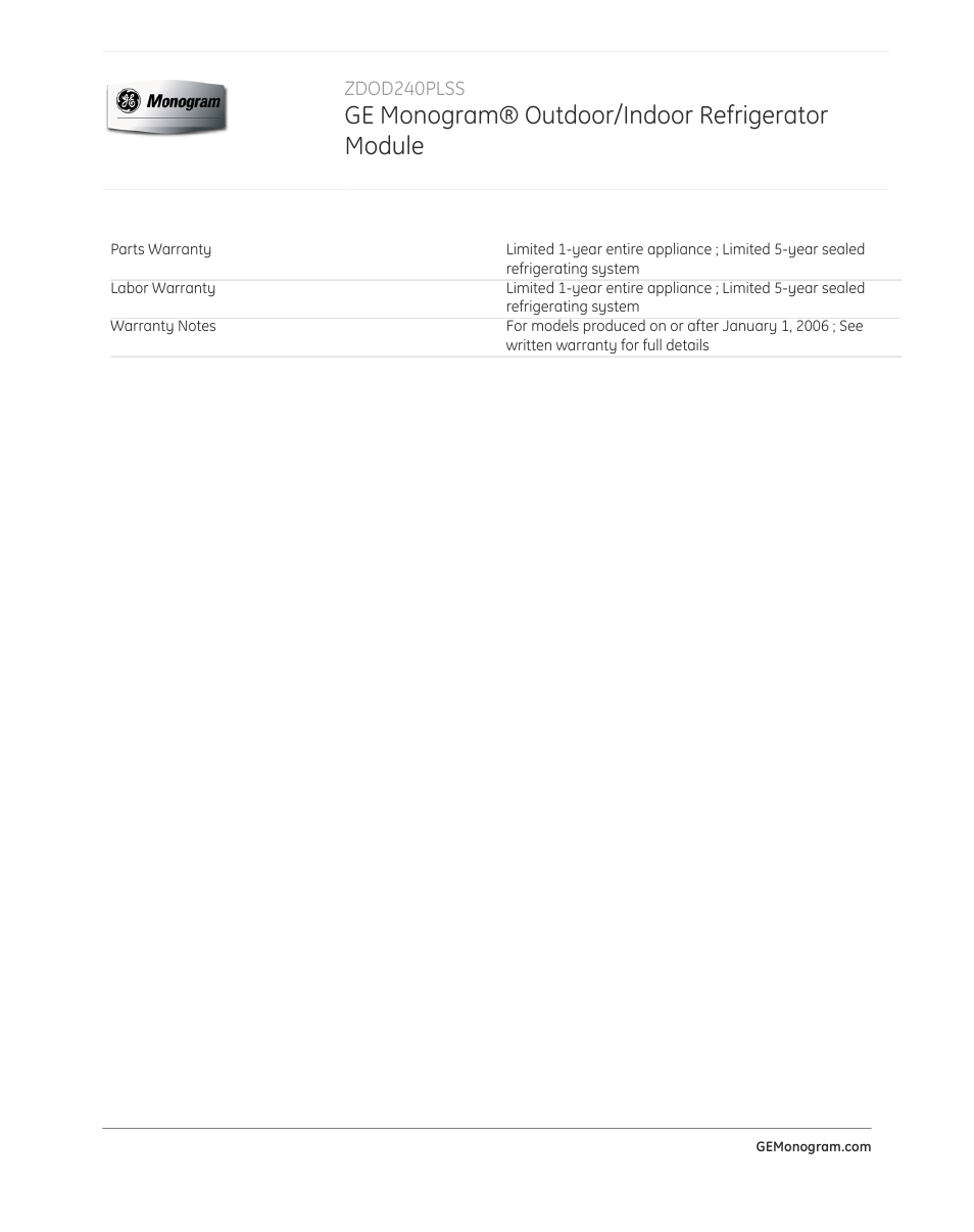 Ge monogram® outdoor/indoor refrigerator module | GE ZDOD240PLSS User Manual | Page 3 / 3