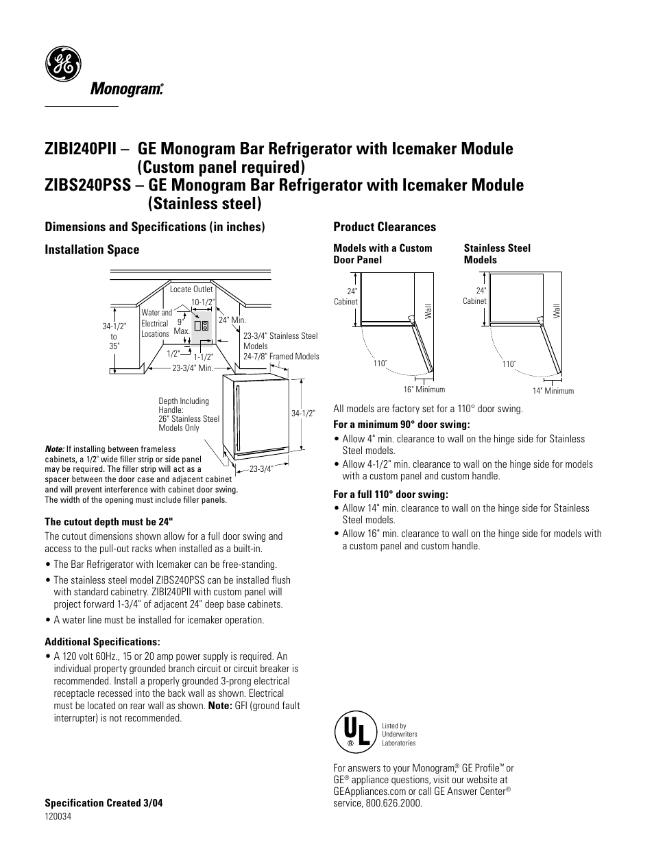 GE ZIBS240PSS User Manual | 3 pages