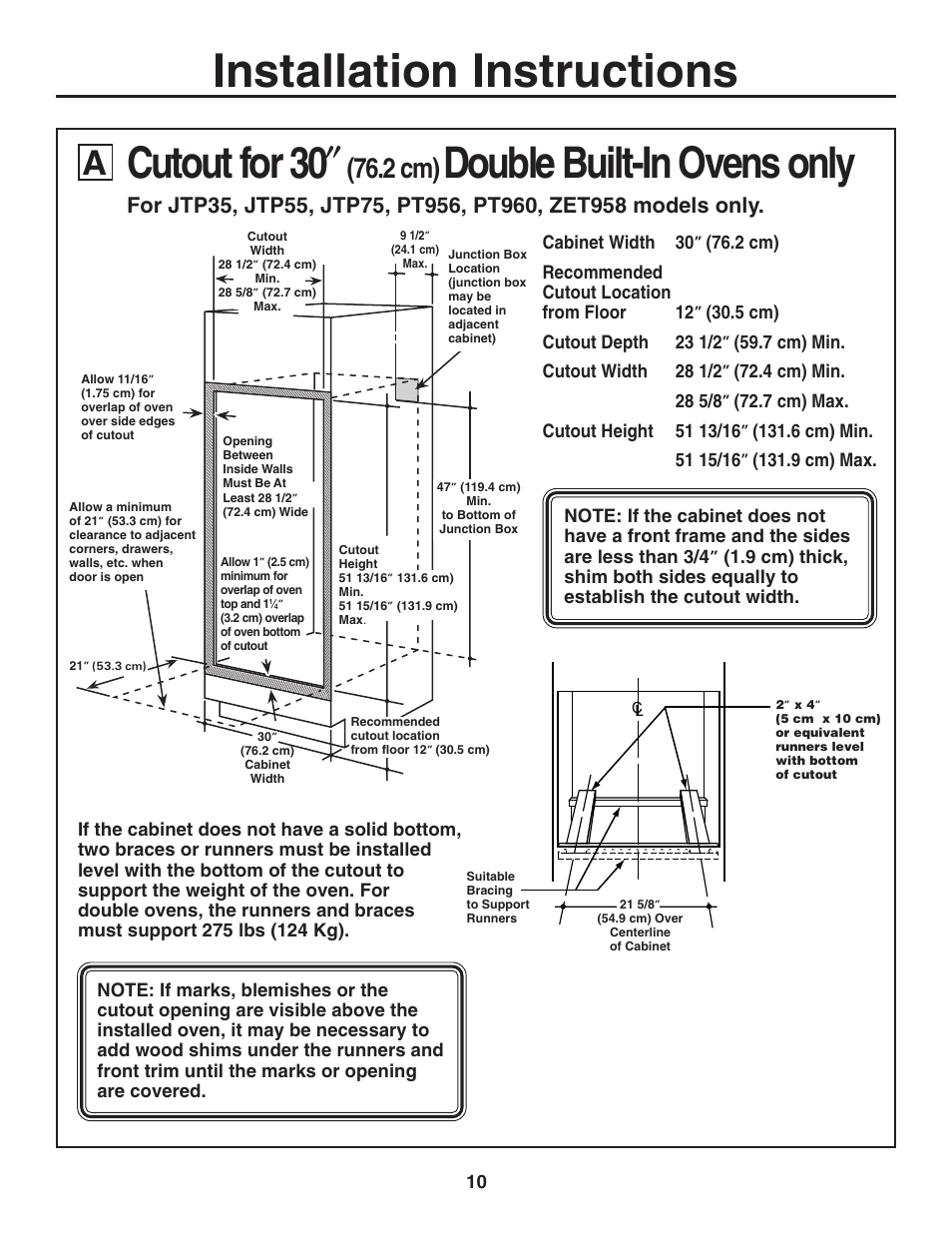 Installation instructions, Cutout for 30, Double built-in ovens only | 2 cm) | GE ZET938SMSS User Manual | Page 10 / 40