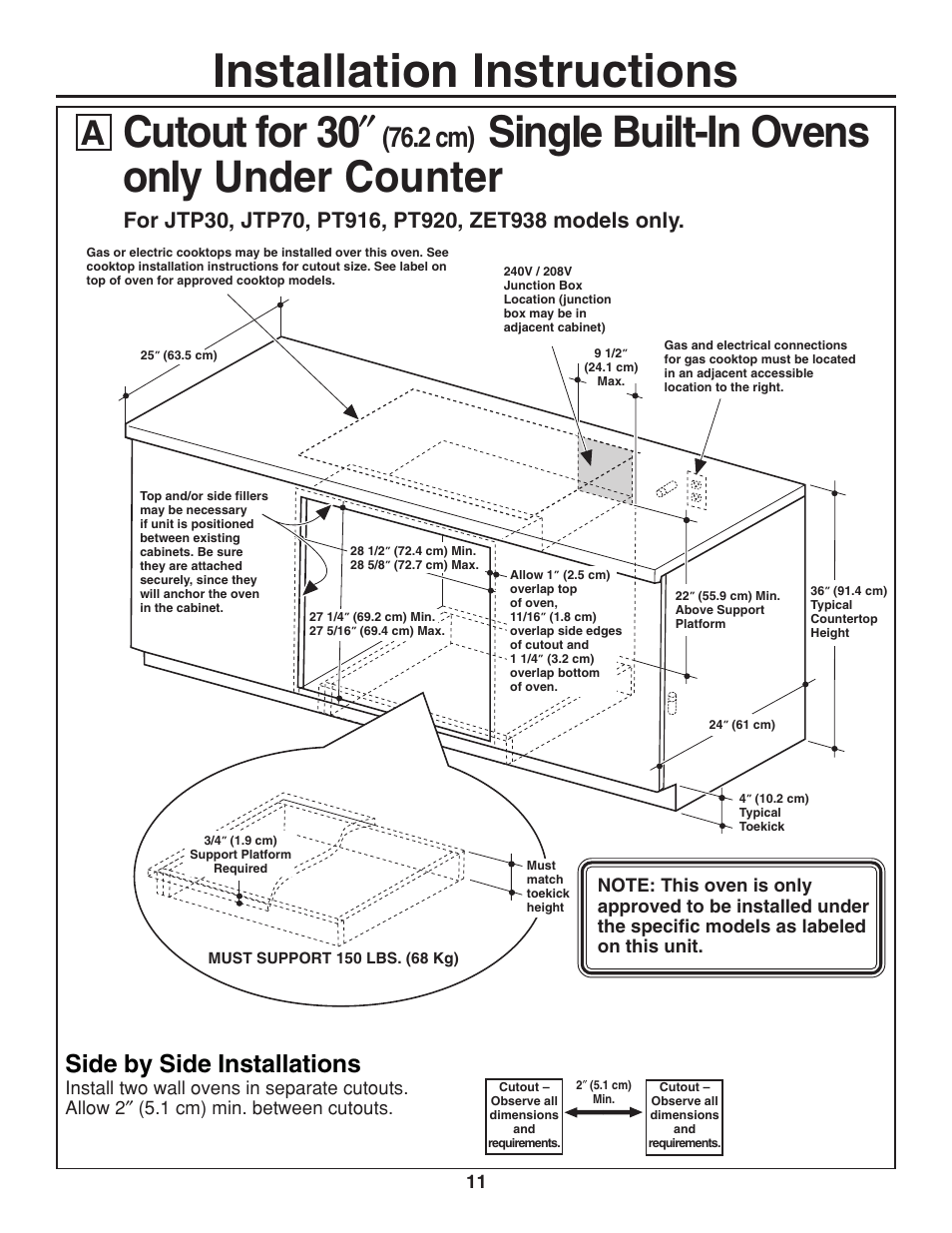 Installation instructions, Cutout for 30, Single built-in ovens only under counter | 2 cm), Side by side installations | GE ZET938SMSS User Manual | Page 11 / 40