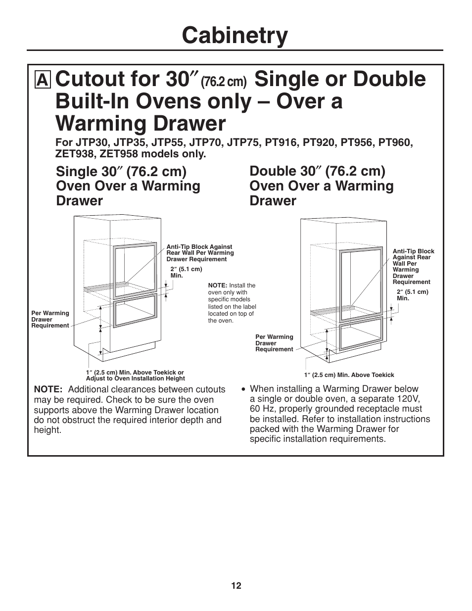 Cabinetry, Cutout for 30, 2 cm) | GE ZET938SMSS User Manual | Page 12 / 40