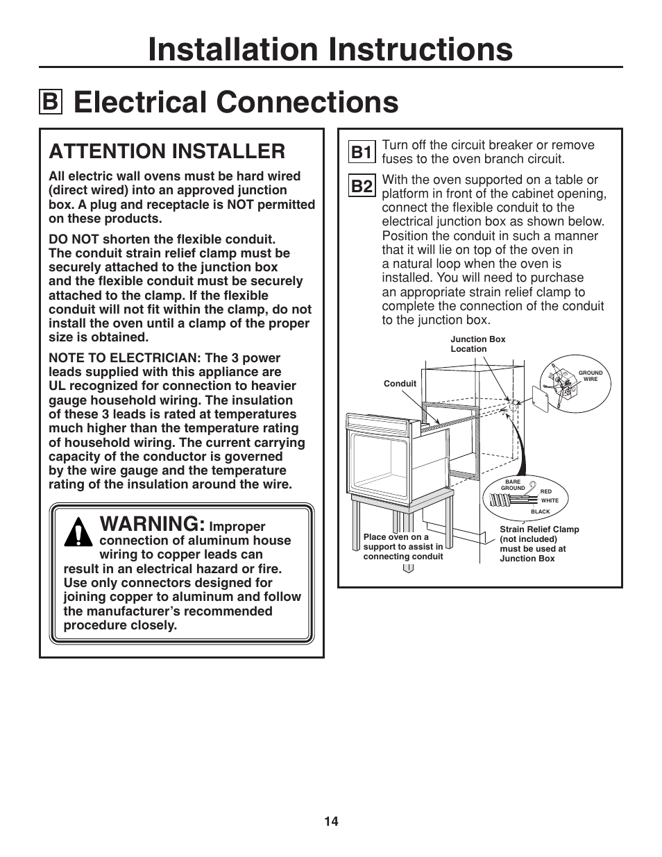 Electrical connections, Installation instructions, Attention installer | Warning, B2 b1 | GE ZET938SMSS User Manual | Page 14 / 40