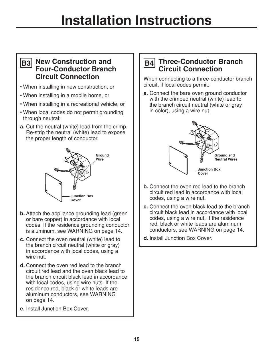 Installation instructions, B4 three-conductor branch circuit connection | GE ZET938SMSS User Manual | Page 15 / 40
