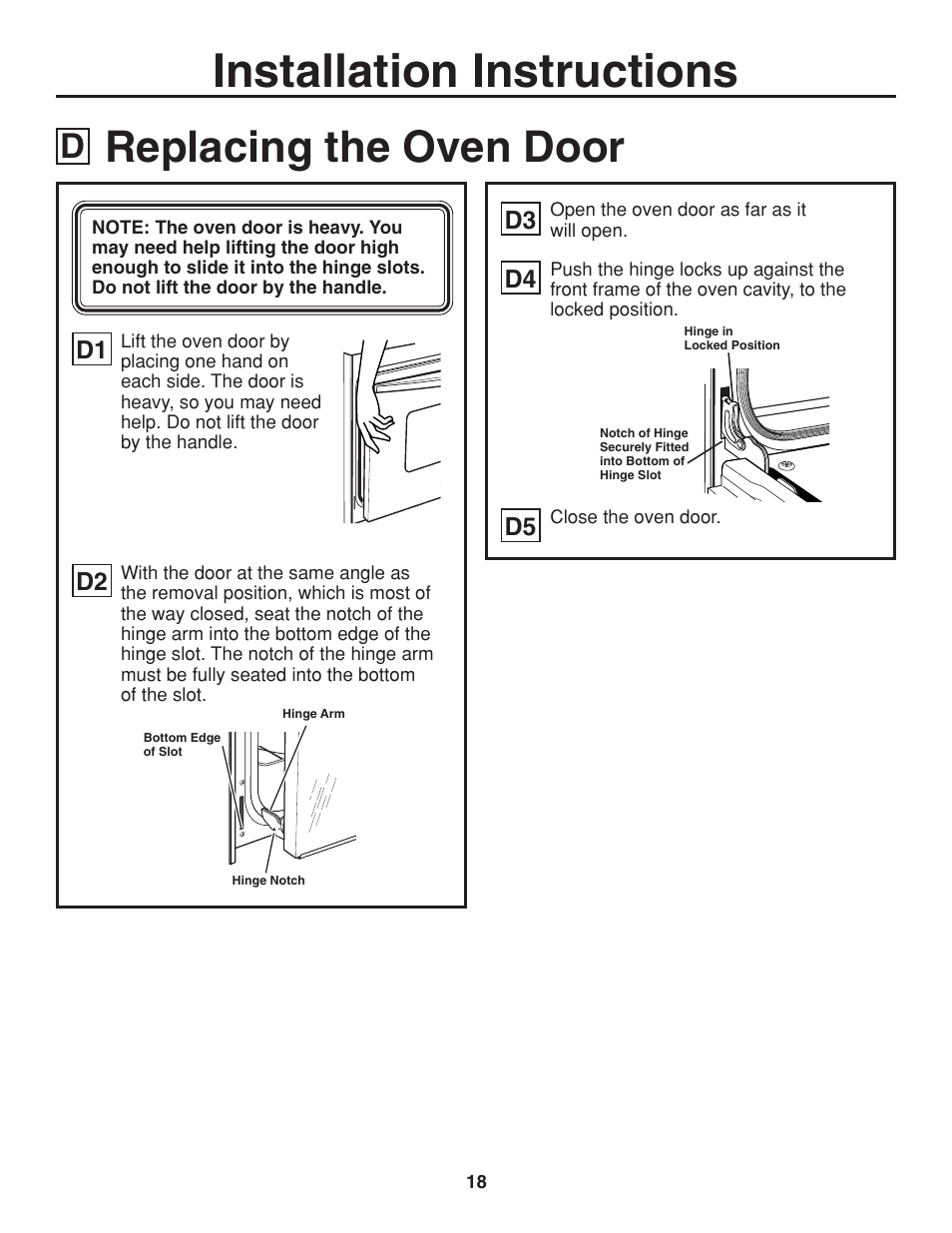 Replacing the oven door, Installation instructions | GE ZET938SMSS User Manual | Page 18 / 40