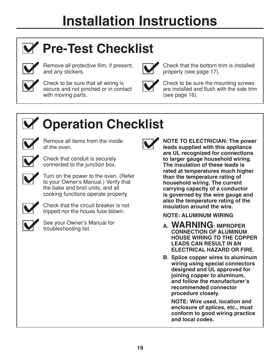 Pre-test checklist, Operation checklist, Installation instructions | Warning | GE ZET938SMSS User Manual | Page 19 / 40