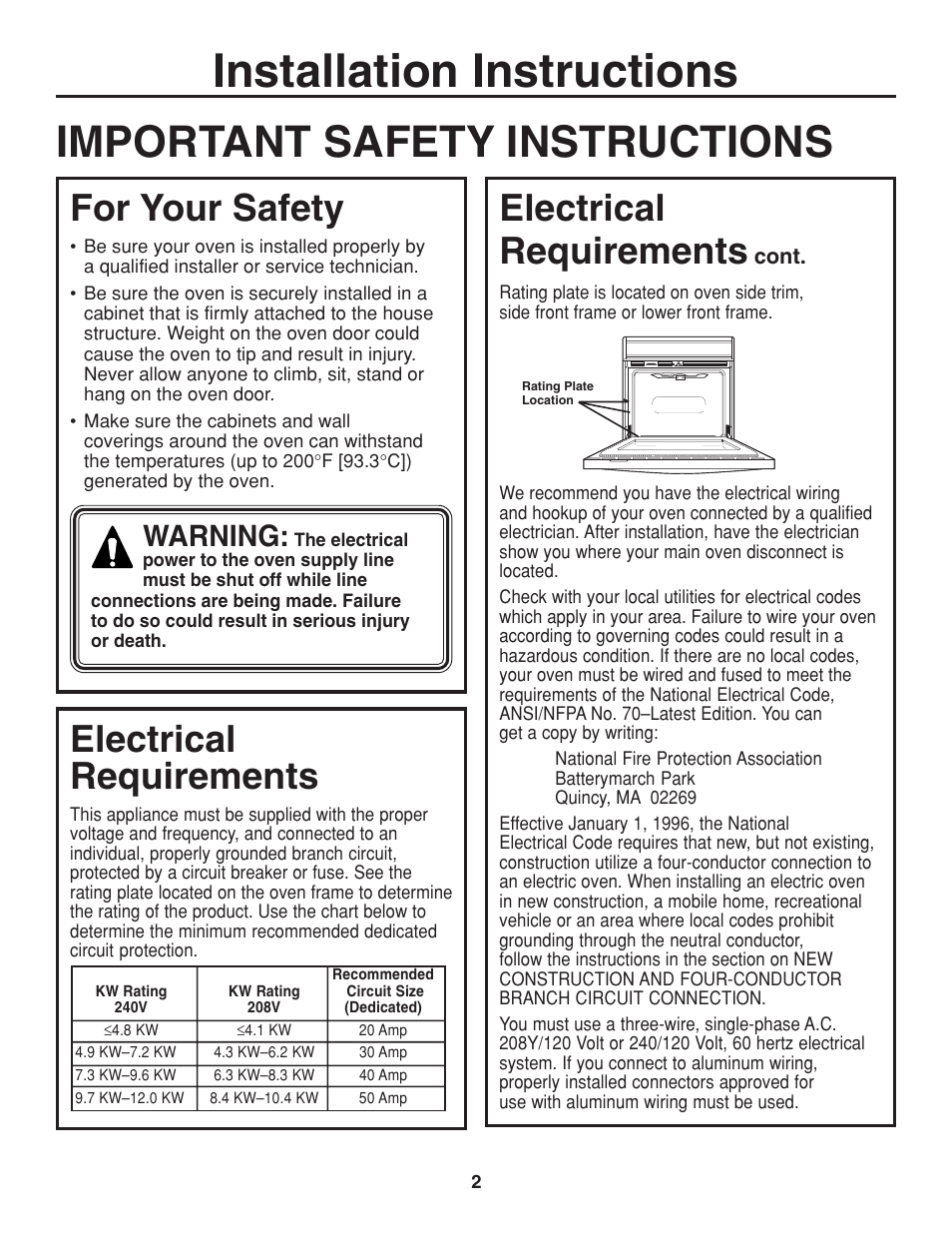 Important safety instructions, Installation instructions, For your safety | Electrical requirements, Warning | GE ZET938SMSS User Manual | Page 2 / 40