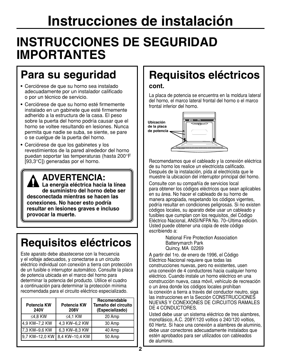 Instrucciones de seguridad importantes, Instrucciones de instalación, Para su seguridad | Requisitos eléctricos, Advertencia | GE ZET938SMSS User Manual | Page 22 / 40