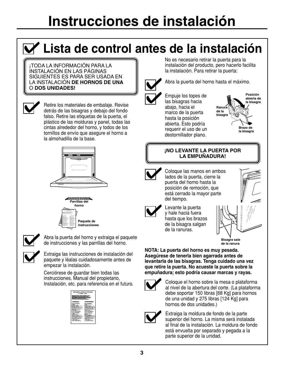 Lista de control antes de la instalación, Instrucciones de instalación | GE ZET938SMSS User Manual | Page 23 / 40