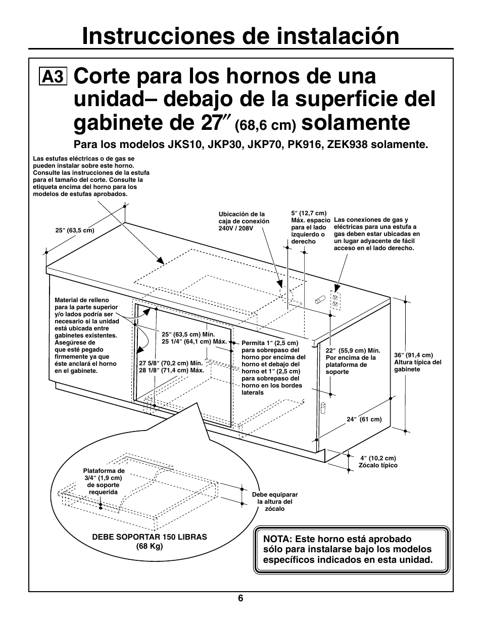 Instrucciones de instalación, Solamente, 68,6 cm) | GE ZET938SMSS User Manual | Page 26 / 40