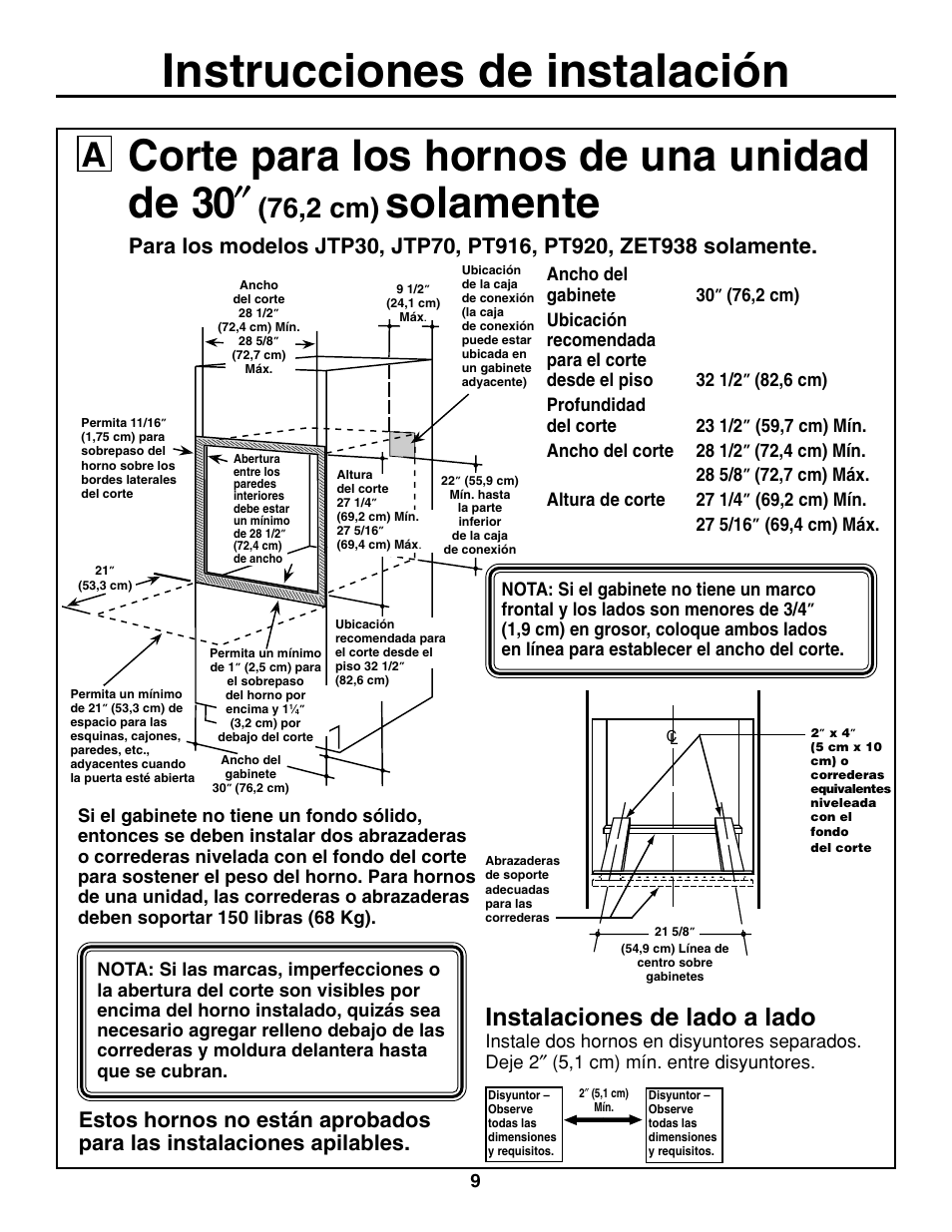 Instrucciones de instalación, Corte para los hornos de una unidad de 30, Solamente | 76,2 cm), Instalaciones de lado a lado | GE ZET938SMSS User Manual | Page 29 / 40