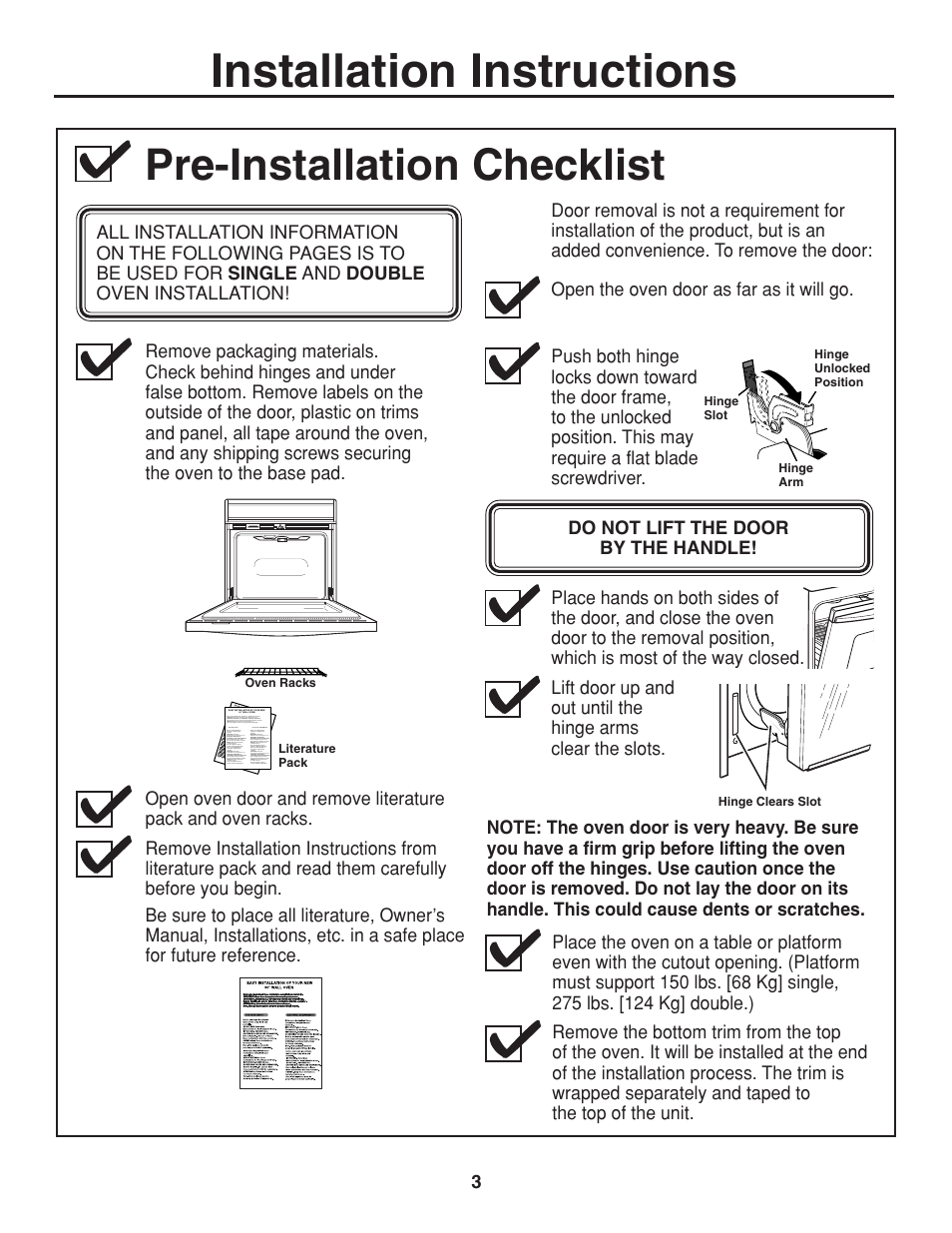 Pre-installation checklist, Installation instructions | GE ZET938SMSS User Manual | Page 3 / 40