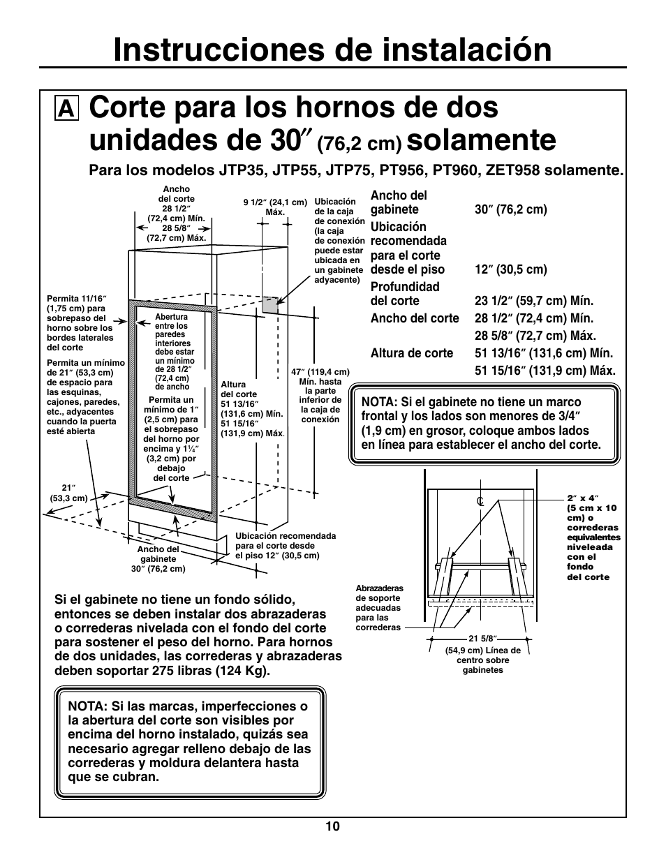 Instrucciones de instalación, Corte para los hornos de dos unidades de 30, Solamente | 76,2 cm) | GE ZET938SMSS User Manual | Page 30 / 40