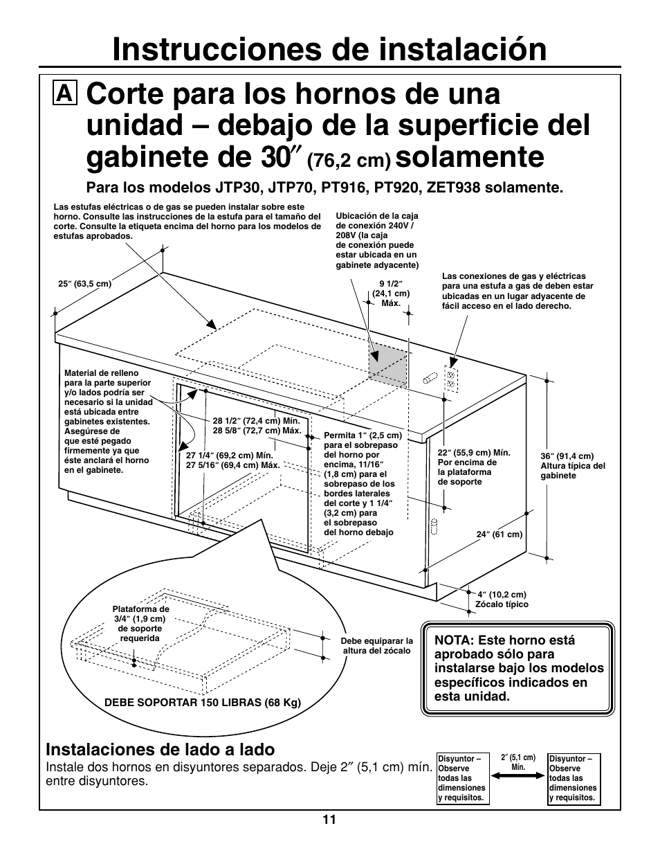 Instrucciones de instalación, Solamente, 76,2 cm) | Instalaciones de lado a lado | GE ZET938SMSS User Manual | Page 31 / 40