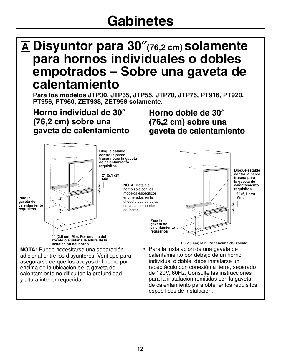 Gabinetes, Disyuntor para 30, 76,2 cm) | GE ZET938SMSS User Manual | Page 32 / 40