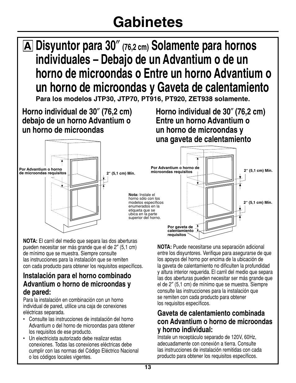 Gabinetes, Disyuntor para 30, 76,2 cm) | GE ZET938SMSS User Manual | Page 33 / 40