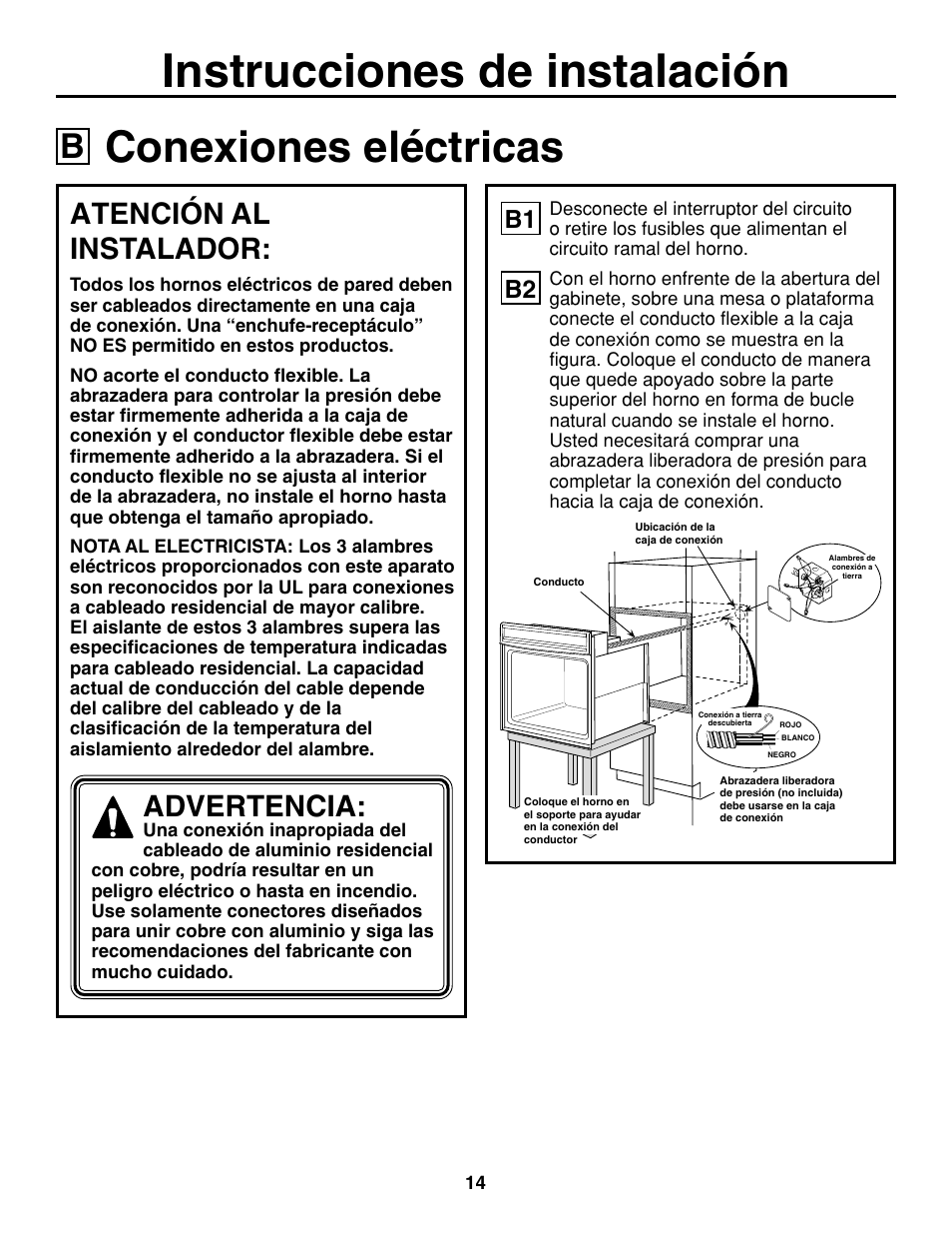 Conexiones eléctricas, Instrucciones de instalación, Atención al instalador | Advertencia, B2 b1 | GE ZET938SMSS User Manual | Page 34 / 40